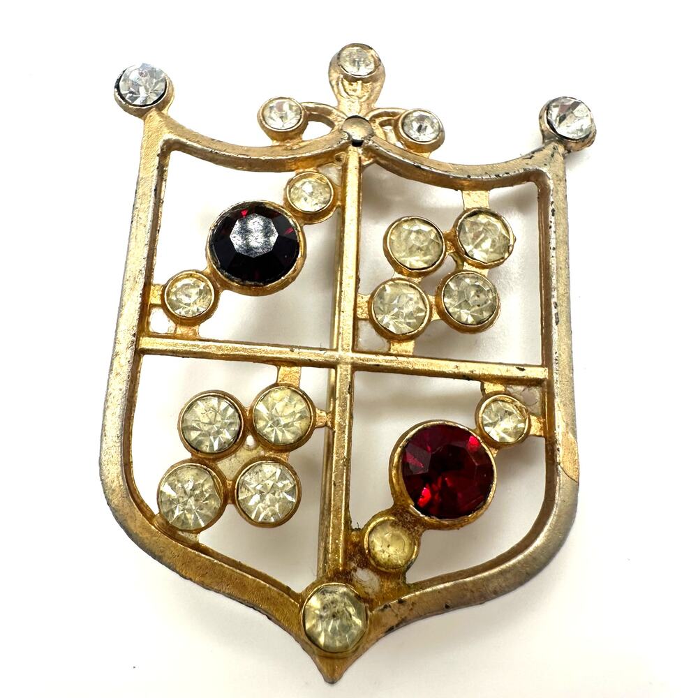 Vintage gold tone red clear rhinestone Heraldic shield crest coat of arms brooch
